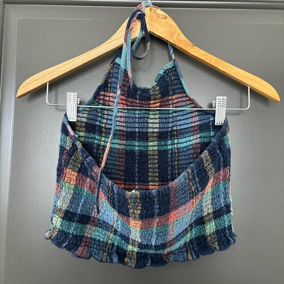American Eagle Plaid Halter Festival Top Smocked Adjustable Stretchy Size Small - Picture 3 of 5